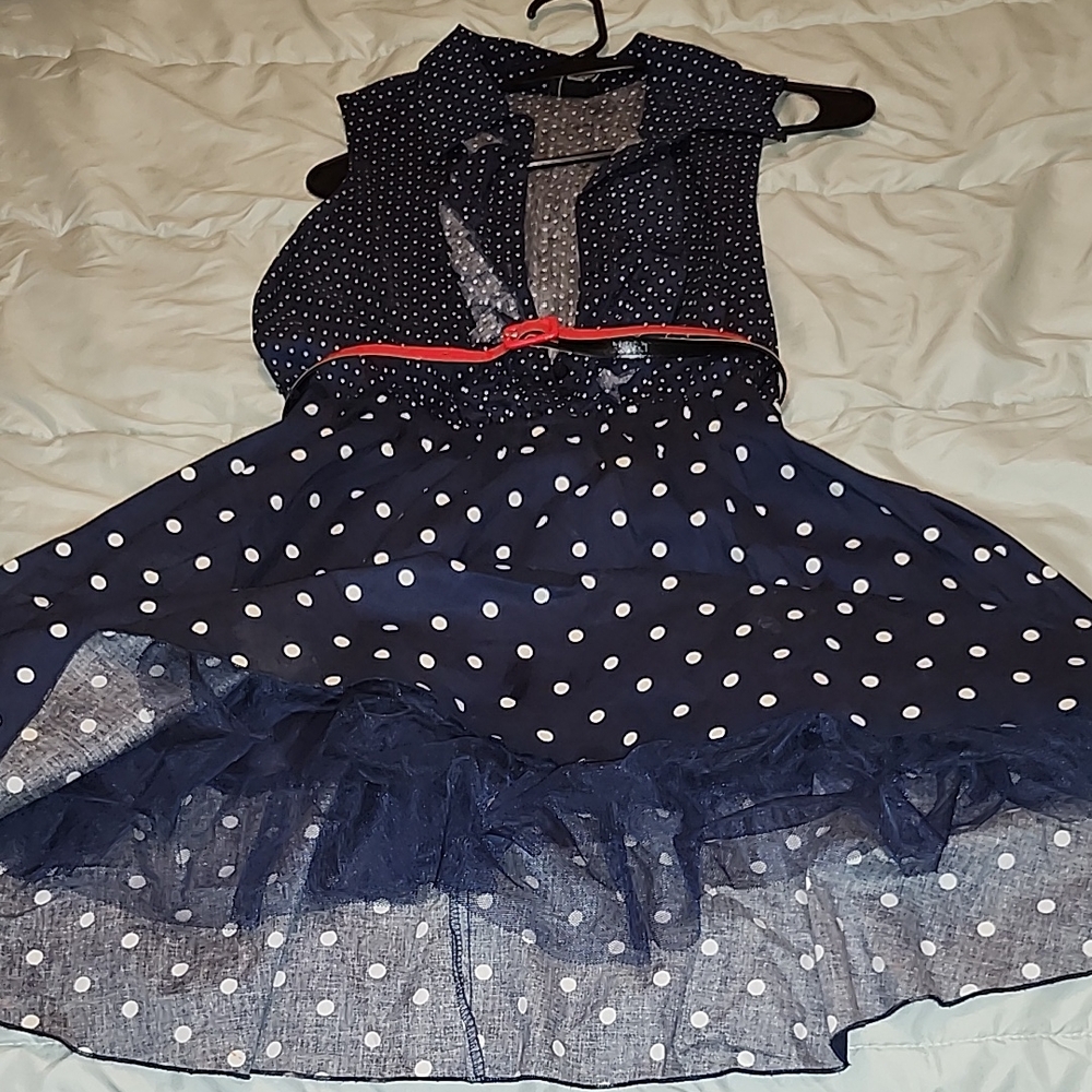 Navy Polka Dot Dress with Red Belt